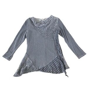 Feratelli Asymmetrical Lace Tunic Ribbed Patchwork Long Sleeve Artsy Boho Large